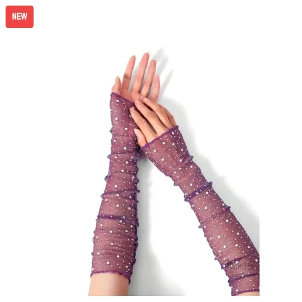 Rhinestone Sparkly Fingerless Mesh Sheer Arm Gloves Wedding Formal